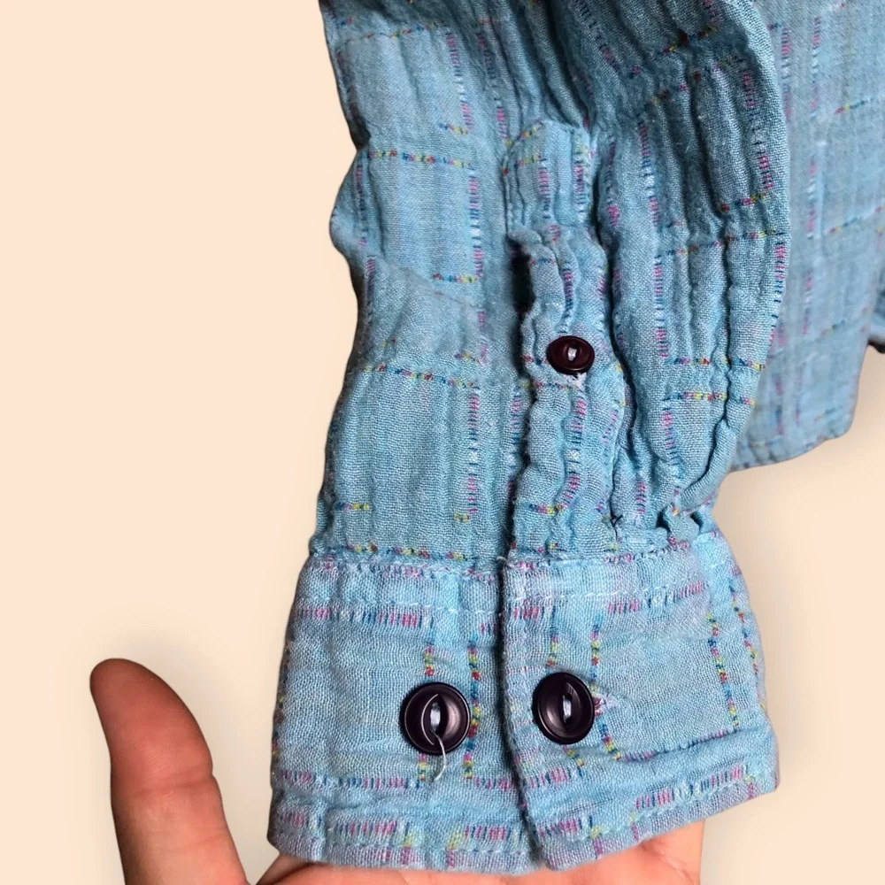 Carbon2Cobalt Blue Patchwork Stitched Boho Button Down Shirt Color Womens Large - Picture 9 of 13